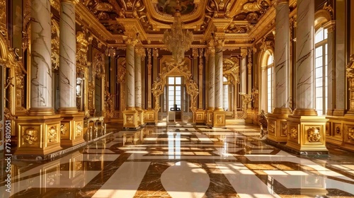 Opulent baroque palace interior with grand hall and luxurious decorations, showcasing architectural elegance and historical design. Historical architecture and interior design.