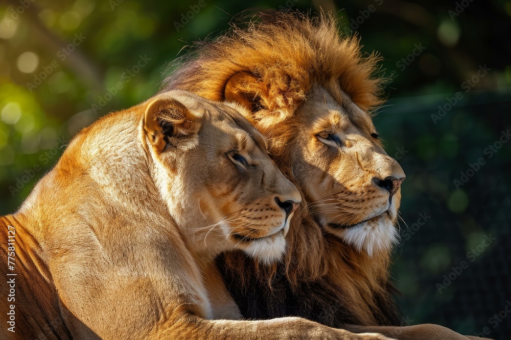Nurturing African lion couple. Pair of wildlife pride predator animals. Generate ai
