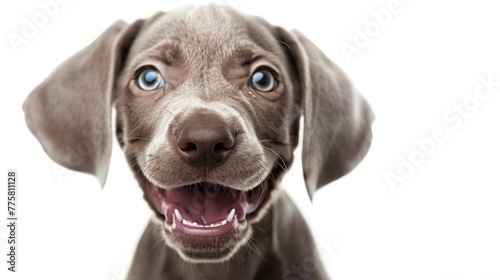 Close-up of adorable brown puppy with bright blue eyes looking at camera with excitement. Pet care and animal companionship. © Postproduction