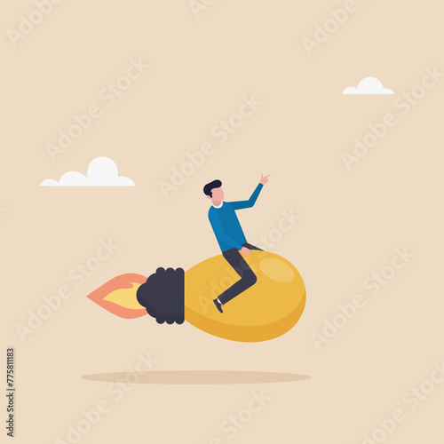 Happy smart businessman leader riding on a flying bright light bulb with rocket booster in the cloudy sky. Creative new idea, innovative business startup or inspiration.  © STANISLAV