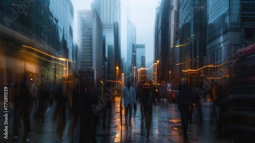 Blurred motion of pedestrians walking on busy city street in rain with glowing light trails and modern architecture. Urban lifestyle and commuting.
