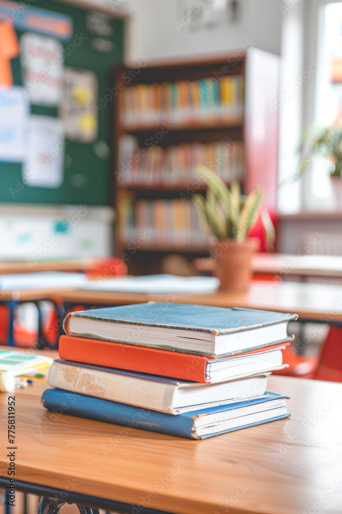 books on a desk in a school classroom. Day of Knowledge. teacher's Day books on a desk in a school classroom. Day of Knowledge. teacher's Day