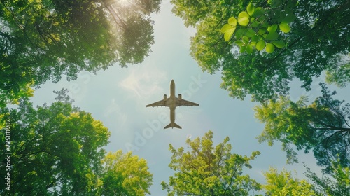 Jet airliner flying directly above trees photo