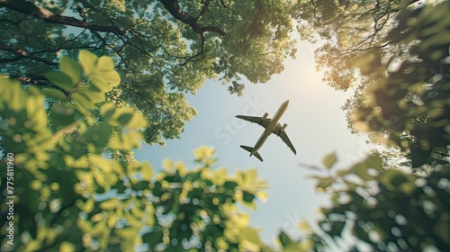 Jet airliner flying over vibrant green trees