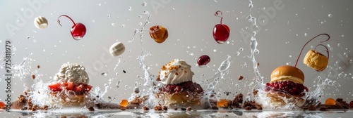 An array of exquisite desserts such as cupcakes and tarts caught mid-air in a dramatic milk splash, showcasing a playful food concept photo