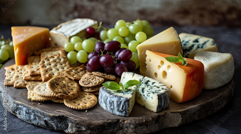 Assorted Gourmet Cheeses with Fresh Grapes and Crunchy Crackers on a Rustic Wooden Board Assorted Gourmet Cheeses with Fresh Grapes and Crunchy Crackers on a Rustic Wooden Board