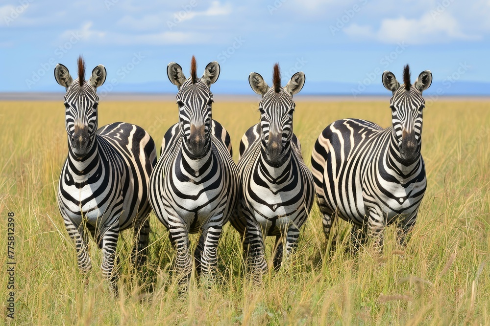 Fototapeta premium Herbivorous African savannah low groups zebras. Herd of striped white and black herbivore animal. Generate ai