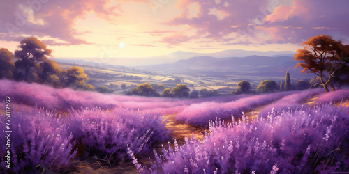 A field of blooming lavender  exuding a sweet fragrance under the warm summer sun.