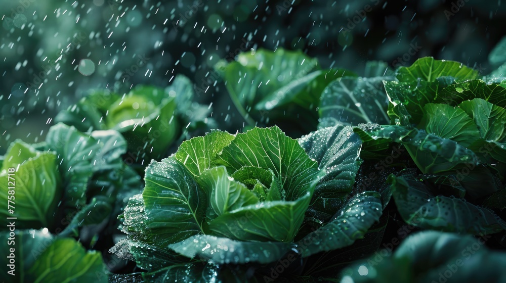 Fresh cabbages with water droplets in a field. Close-up shot. Fresh cabbages with water droplets in a field. Close-up shot.
