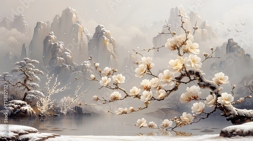 Japanese cherry blossom branch illustration