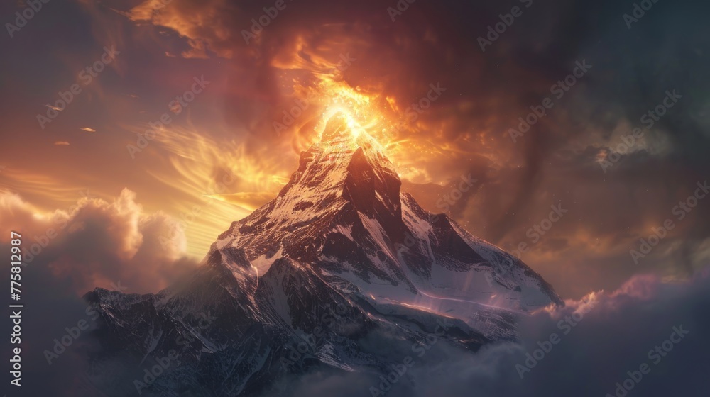 Fiery eruption from snow-capped mountain peak at sunrise.