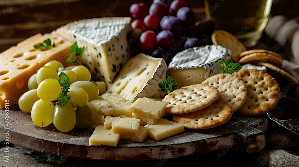 Gourmet Cheese Selection with Fresh Grapes and Tasty Crackers on a Rustic Board