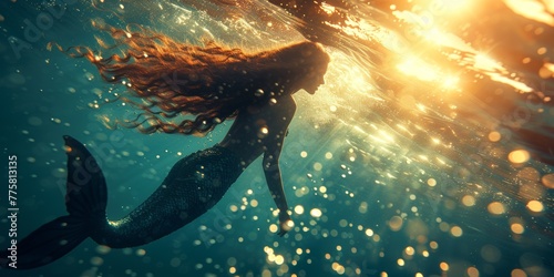 Mythical mermaid girl underwater with a beautiful fish tail. Concept: mythological creature, water deity photo