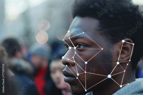 Portrait of a person in a crowd being scanned by biometric ai facial recognition software