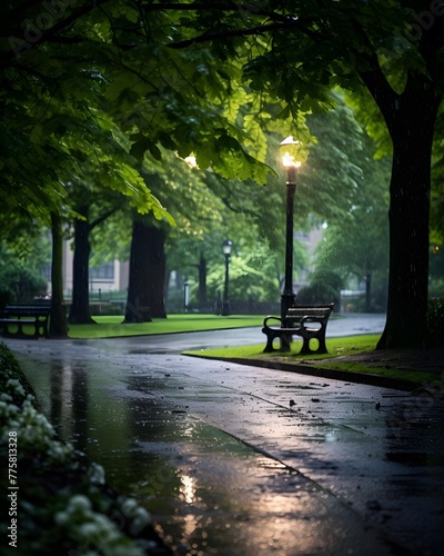 Lantern and bench in a park at night, illuminated by street lamps © Iman