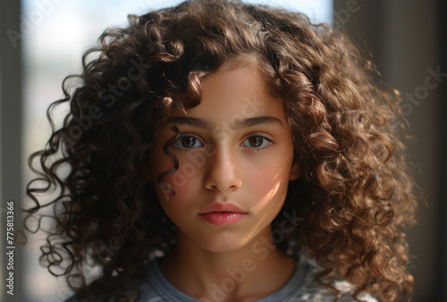 Captivating young girl with deep eyes and lush curly hair indoors.
