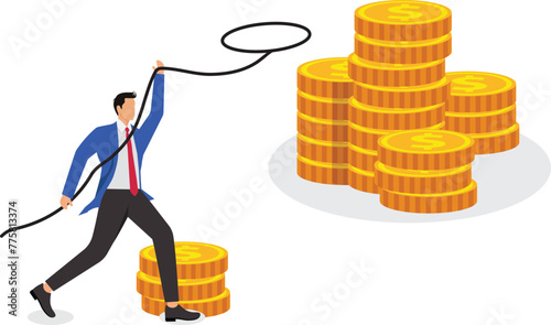 Businessman holding rope lasso for money, cashing out business project, return on investment, looking for opportunity to make money