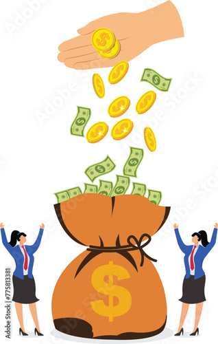 Joy of harvest, two happy businesswomen standing near huge money bag with banknotes falling into it, investing in successful or profitable business project