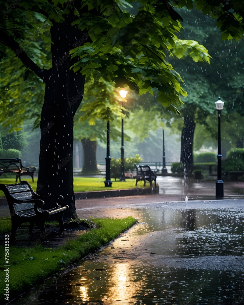 Rainy rainy day in the park with bench and lanterns.