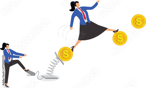 The businesswoman stood on the rolling gold coins and rolled and hit the obstacles to get faster forward speed and fly to the sky. The external force makes the production efficiency and work efficienc photo