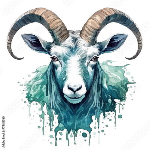 Watercolor Drawing clipart of goat with horns (arafed goat) Capricorn Gothic, isolated on a white background, Illustration & Vector, Graphic Painting, design art, logo, painting Vector.