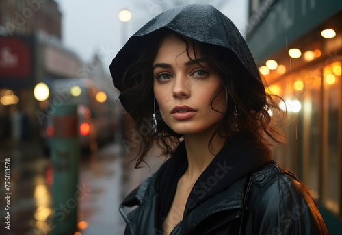 Chic woman with captivating eyes in a wet hooded leather jacket on a rainy urban street.