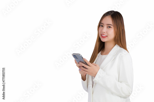 Portrait asian professional business female is wears white suite holding smartphone which is interesting as it can be used in various contexts where identity while isolated white background.
