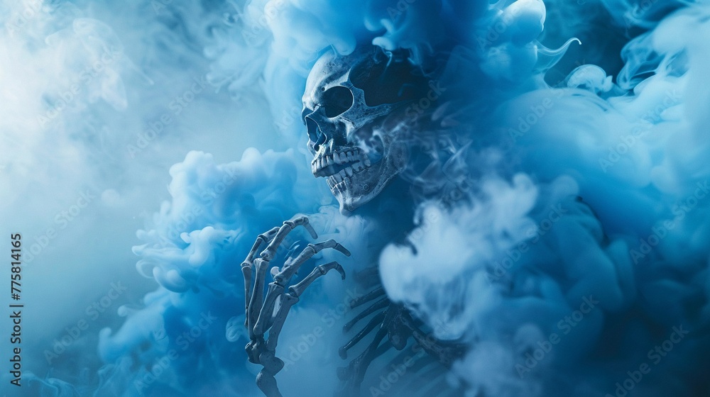 A skeleton emerging from a mystical blue smoke