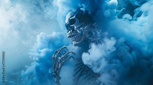 A skeleton emerging from a mystical blue smoke photo