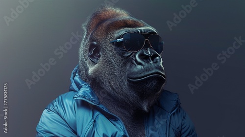A stylish gorilla dons a blue jacket and sunglasses photo