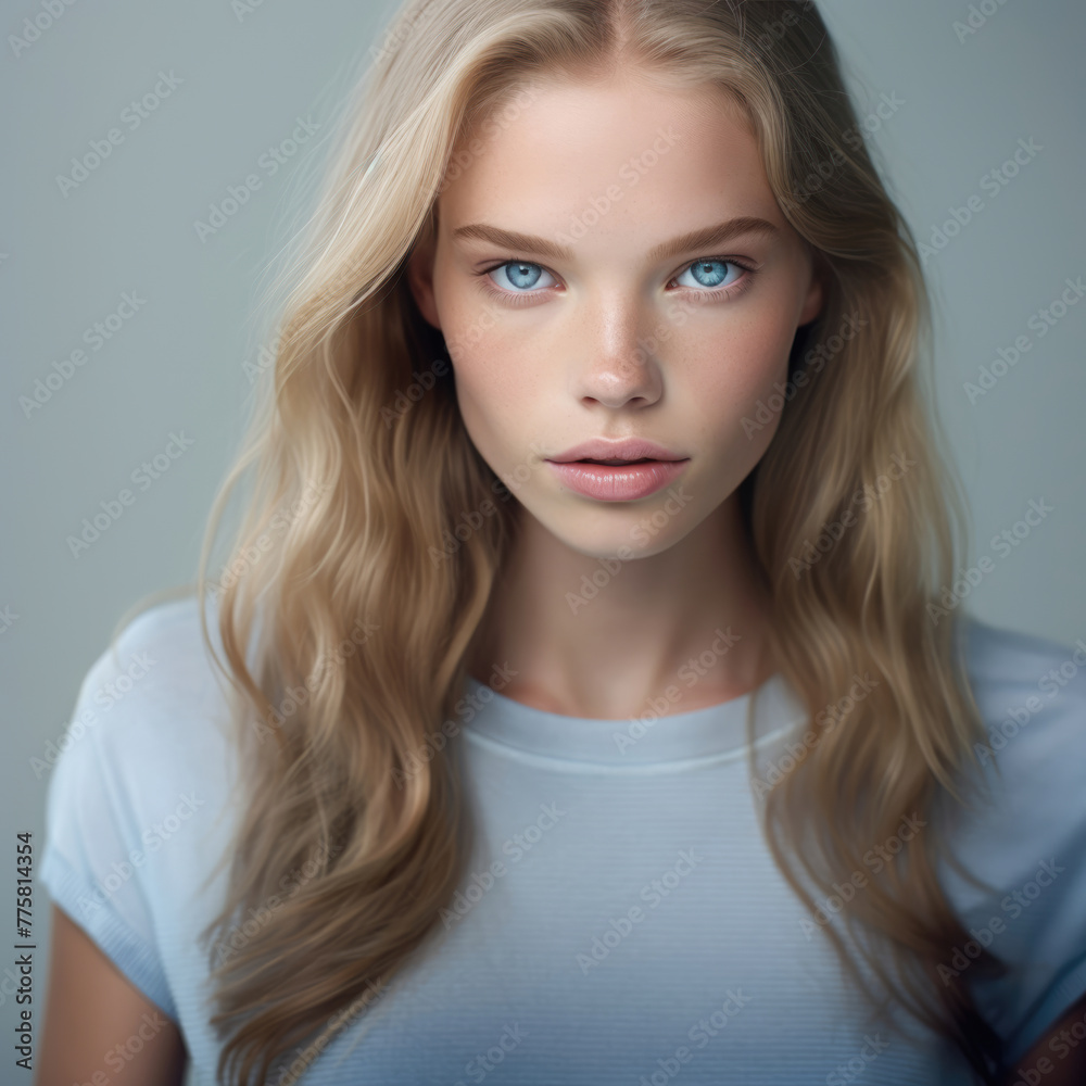 Serenely beautiful woman with flowing blonde hair and piercing blue eyes. Serenely beautiful woman with flowing blonde hair and piercing blue eyes.