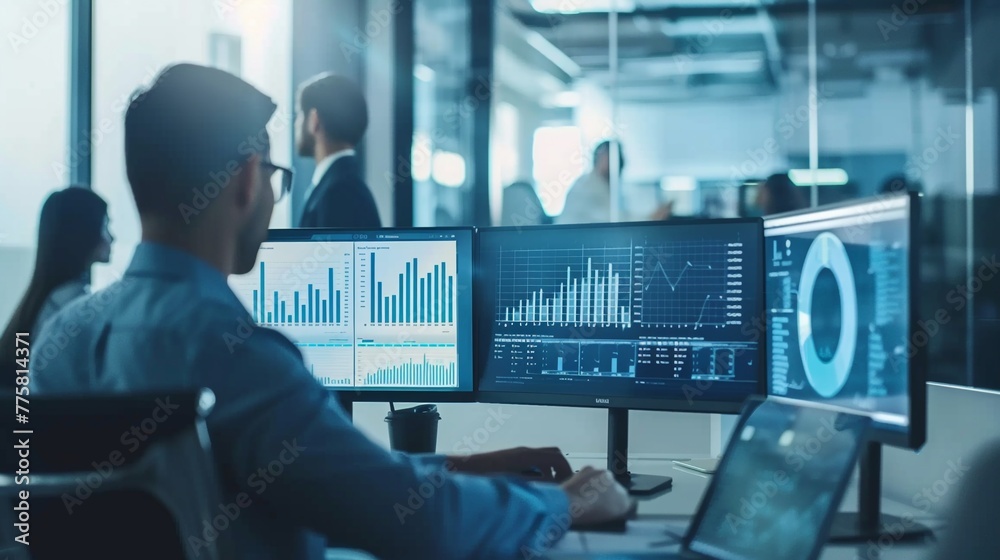 Business team in a meeting with a leader presenting performance analytics on a screen in a modern office. Business team in a meeting with a leader presenting performance analytics on a screen in a modern office.