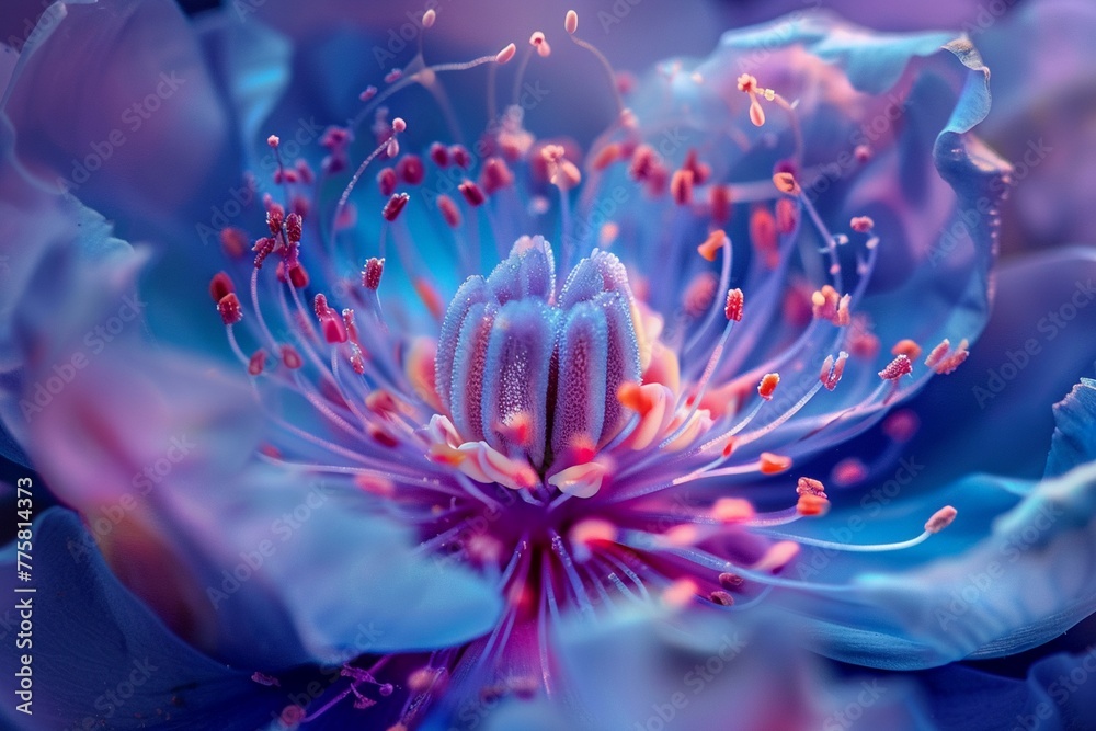 Obraz premium Close-up of a flower with electric blue petals and vibrant pink stamens