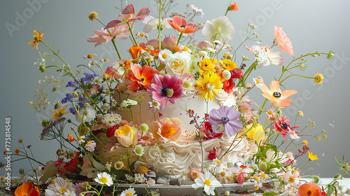 A breathtaking display of edible flowers cascading down a luxurious birthday cake.