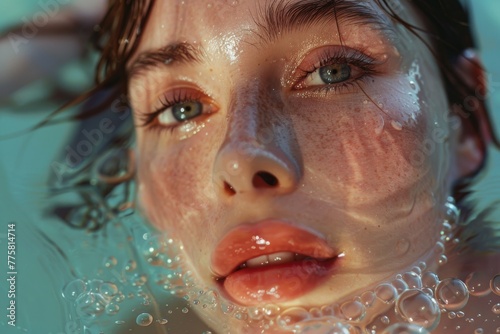 Close-up portrait of a woman with wet skin and bubbles, highlighting her detailed facial features and artistic expression.
