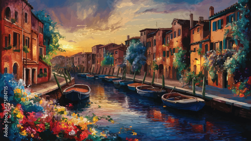 Tranquil Waters Capturing the Charm of Canal-side Architecture and Serene Sunsets in a Vibrant Painting