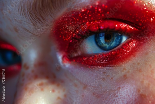 A close-up that captures the intricate details of sparkling red eye makeup