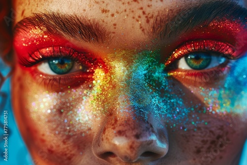 Close-up portrait of a freckled face with glittery red and blue makeup  highlighting detailed facial features and vibrant expression. 