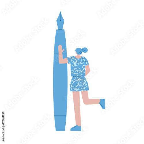 Girl with giant pen, illustration isolated on white