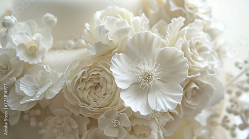 A delicate sugar flower bouquet adorning a pristine white birthday cake masterpiece. © Arbaz