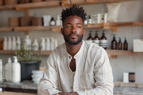 A confident man casually leaning on a counter in a stylish apothecary store interior photo