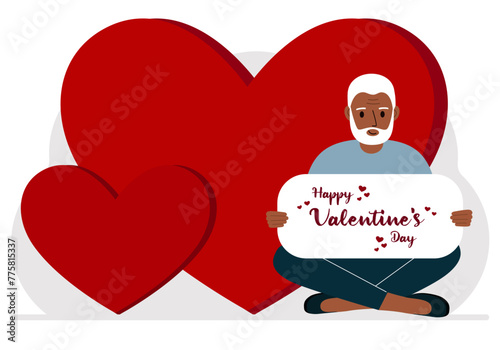 A man holds a Happy Valentine's Day greeting against a background of red hearts. Vector flat illustration