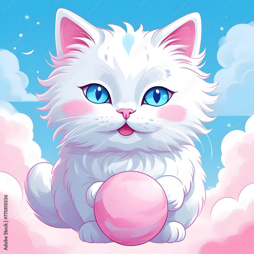Cute, super fluffy white cat with blue eyes playing with a soft pink ball, fluffy Cute, super fluffy white cat with blue eyes playing with a soft pink ball, fluffy