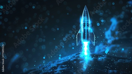 Startup business and launch project concept with digital glowing blue rocket on dark background