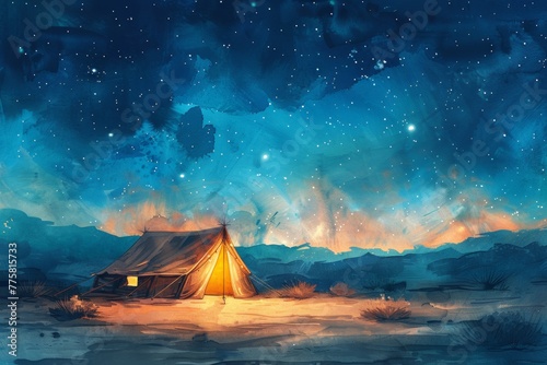 A painting of a tent in the desert at night. Magical Ramadan greeting card design. © tilialucida