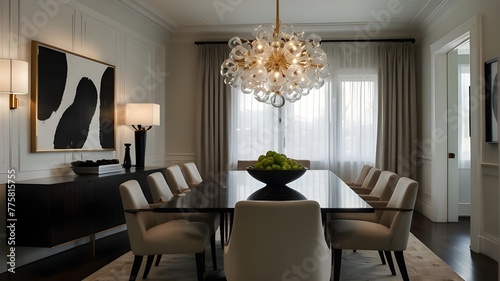 A chic dining room featuring a sleek glass table, modern chairs, and a statement chandelier casting a warm glow over the space © Amjad art