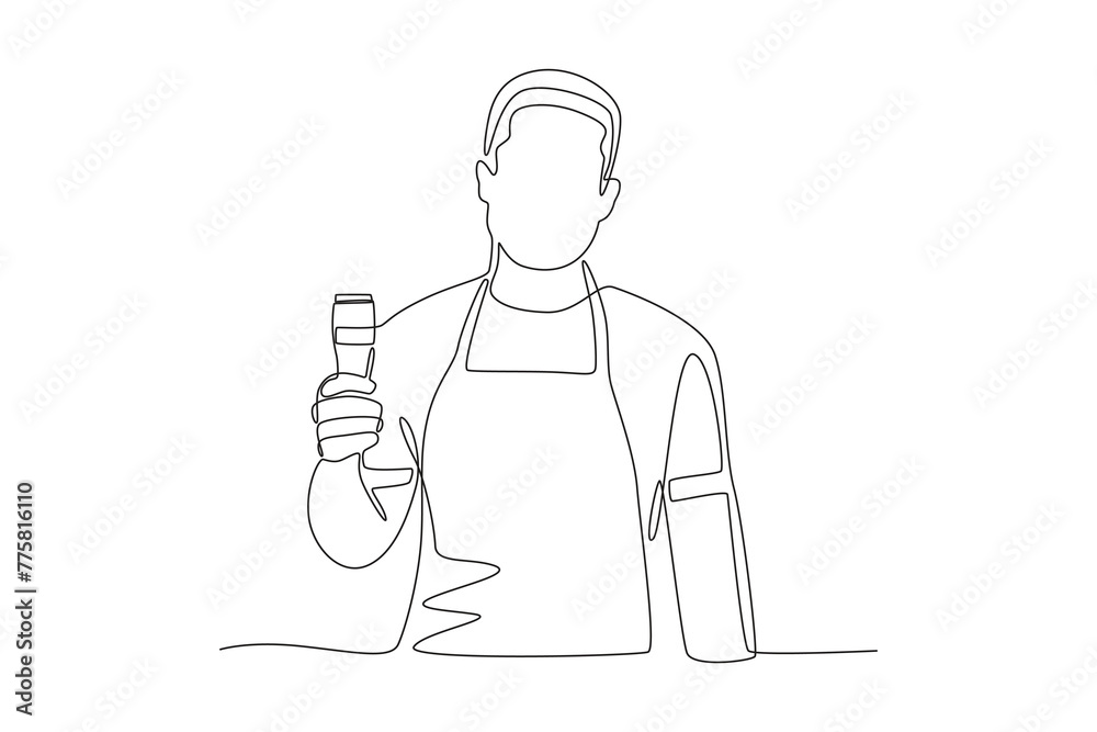Male barber holding shaving machine.Business small one-line drawing
