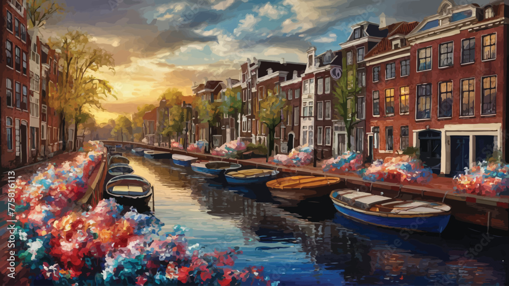 Tranquil Waters Capturing the Charm of Canal-side Architecture and Serene Sunsets in a Vibrant Painting
