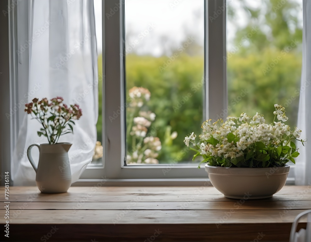 Kitchen table with small flowers and copy space with large window Kitchen table with small flowers and copy space with large window