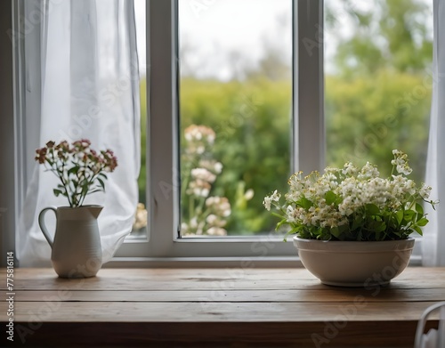 Kitchen table with small flowers and copy space with large window